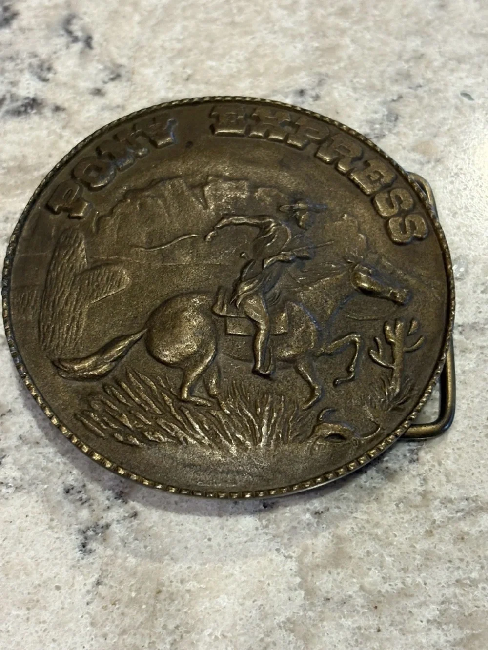 Pony Express Round Western Belt Buckle in Antique Bronze